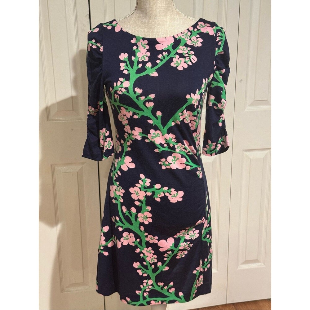 Lilly Pulitzer Navy Pink Green Floral 3/4 Sleeve Shift Dress Sz Small
